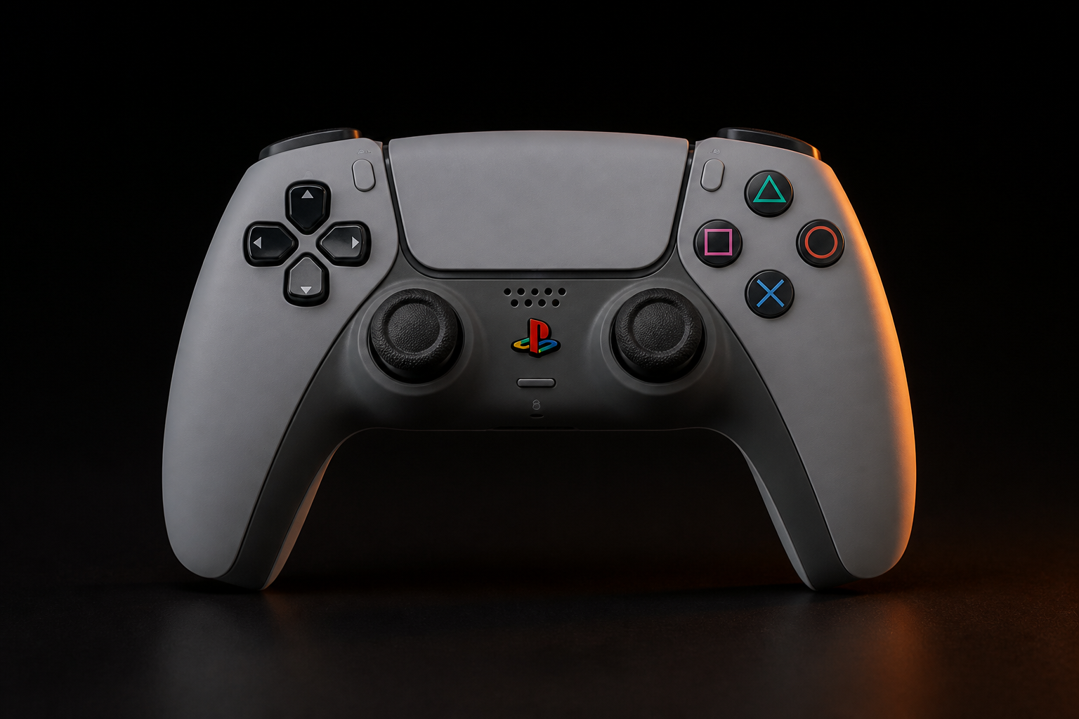 Grijze Grit-controller vanuit een lage hoek met zichtbare USB-C-aansluiting